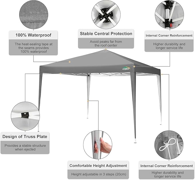 COBIZI 10x10 Pop Up Canopy Tent with 4 Sandbags, Easy Set Up Gazebo, Instant Outdoor Sun Shelter with 8 Stakes,4 Ropes&Carry Bag, Tent for Parties, Beach, Backyard,Camping(Gray
