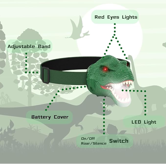 2PCS Dinosaur Headlamp Flashlight Outdoor Camping Gear LED Reading Headlamp, Hiking Headlight for Kids or Adults, Ideal Toy Gift for Birthday, Chirstmas, 6 AAA battery Included (Green+Brown)