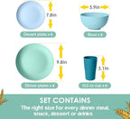 Teivio 32-Piece Kitchen Plastic Wheat Straw Dinnerware Set, Service for 8, Dinner Plates, Dessert Plate, Cereal Bowls, Cups, Unbreakable Colorful Plastic Outdoor Camping Dishes, Sky Multicolor