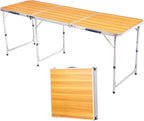 Camping Folding Table with Adjustable Height, 6ft Folding Portable Camping Table, Durable Aluminum Frame, RV Dining Tables, Grill, DJ, BBQ, Dining, Picnic, Cooking, Beach, Garden, Wood Grain Color