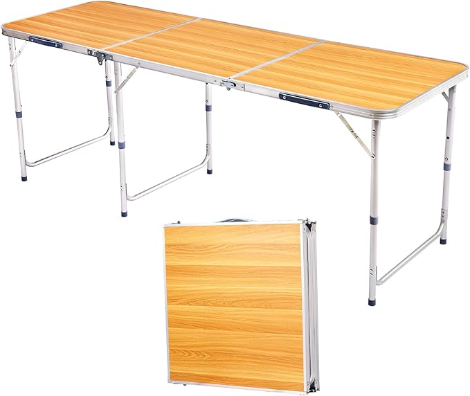Camping Folding Table with Adjustable Height, 6ft Folding Portable Camping Table, Durable Aluminum Frame, RV Dining Tables, Grill, DJ, BBQ, Dining, Picnic, Cooking, Beach, Garden, Wood Grain Color