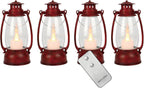 LLQ Small Red Lanterns Decorative with Remote, 7-inch Vintage Western Lanterns with Flickering LED Candle, Camping Decorations, Western Party Decorations, Christmas Centerpieces for Tables, 4-Pack