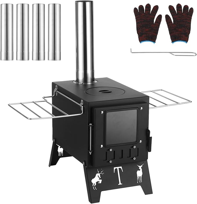 Hot Tent Steel Stove, Portable Camping Wood Burning Stove with Large Firebox, Detachable Top Cover for Cooking, Foldable Legs, 8.3 x 15 x 11.8 in for Outdoor Cooking