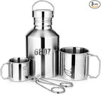 68oz Canteen Large Stainless Steel Water Bottle with 2 Nested Camping Cups Leak Proof Reusable Thickened Metal Canteen Wide Mouth Water Boiler Survival Gear for Camping Hiking and Backpacking