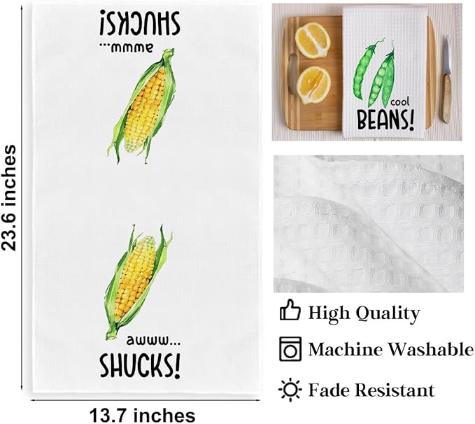 4Pcs Funny Kitchen Towels 24x14 Inch, Carrot Corn Beans Artichoke Waffle Weave Dish Towels for Kitchen Farmhouse Decor, White Absorbent Microfiber Hand Tea Towel, Housewarming Gifts for Women Mom