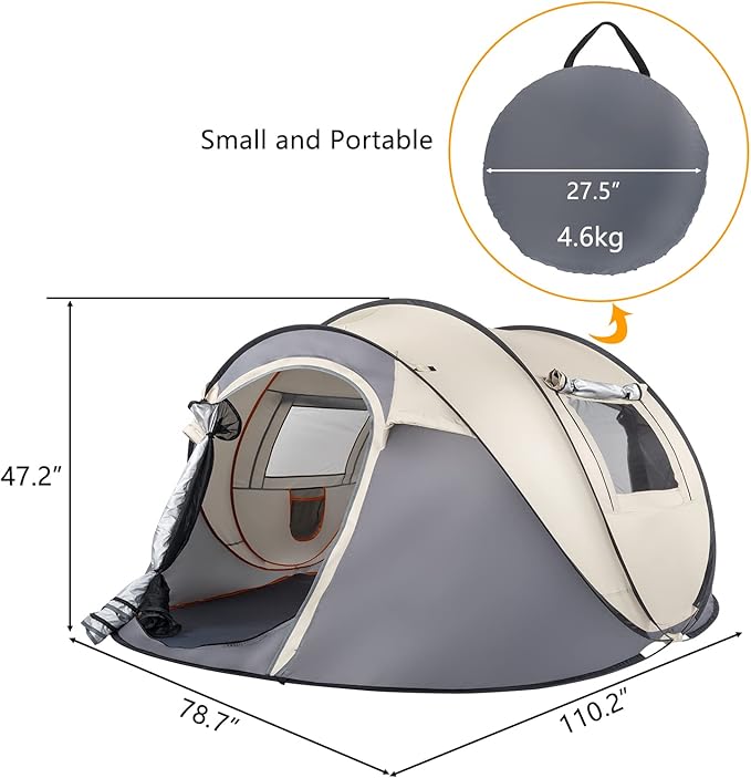 4 Person Easy Pop Up Tent for Camping,Waterproof Automatic Setup 2 Doors-Instant Family Tents with Vestibule & Porch, Large Size Family Tent Automatic Setup for Camping Hiking & Traveling