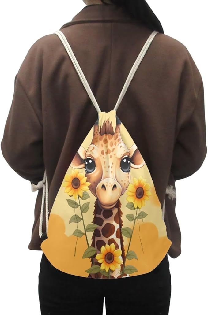 Upetstory Sunflower Giraffe Drawstring Backpack Cinch Sackpack for Women Medium Gym Bag Lightweight Draw String Bag Sports Yoga Rucksack Swim Travel Day Pack