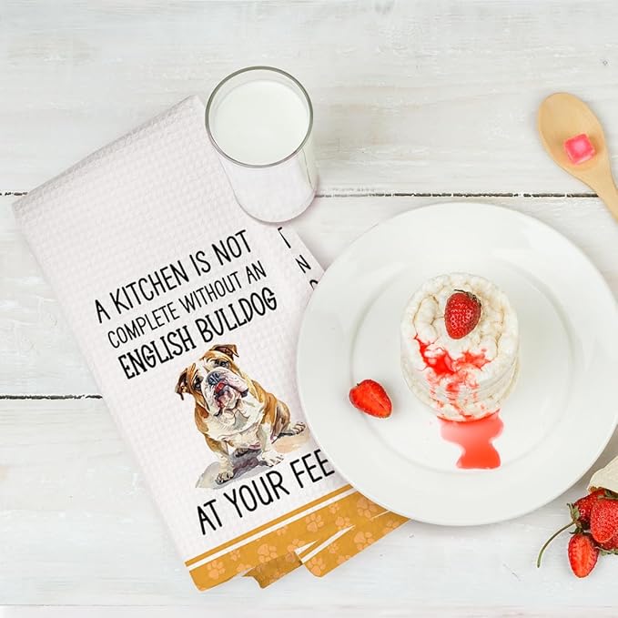 2Pcs Funny Dog Kitchen Towels 24x14 Inch, Cute English Bulldog Waffle Weave Dish Towels for Kitchen Home, White Absorbent Microfiber Hand Tea Towel, English Bulldog Gifts for Women Dog Lovers