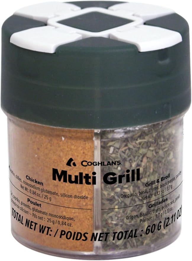 Coghlan's Multi-Grill Shaker – 4-in-1 Outdoor Spice Shaker with Flip-Top Lids for Chicken, Seafood, Steak, and Grilling Blends – Durable, Compact, and Travel-Ready for Camping, RV or BBQs