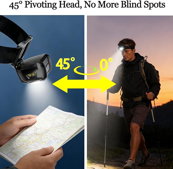 Headlamp Rechargeable - Super Bright LED Head Lamp with Red and White Light for Adults Motion Sensor Streamlight Head Light with Night Buddy Running Camping Hunting Hiking Fishing (Black Panther)