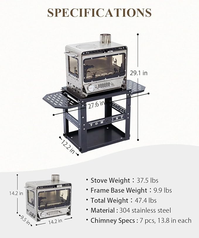 TOMOUNT Hot Tent Stove,Wood Stove with Frame Base,with 7 Chimney Pipes,304 Stainless Steel with heat-resistant Glass Window