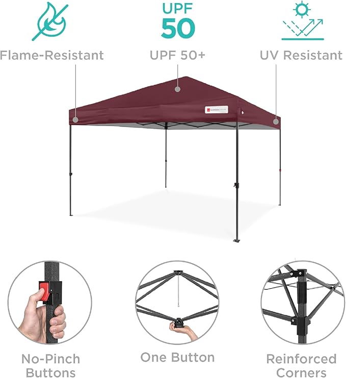 Best Choice Products 10x10ft Pop Up Canopy Tent, Outdoor Shade, 1 Person 1 Minute Set Up, Carry Case, 4 Weight Bags - Burgundy