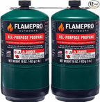 FlameProOutdoors™ 2 Pack 16 oz Propane Fuel Tanks, Green, Metal, Lightweight, Compact, Universal Fit for Portable Grills, Torches, Camping Stoves