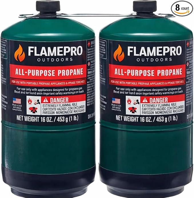 FlameProOutdoors™ 2 Pack 16 oz Propane Fuel Tanks, Green, Metal, Lightweight, Compact, Universal Fit for Portable Grills, Torches, Camping Stoves