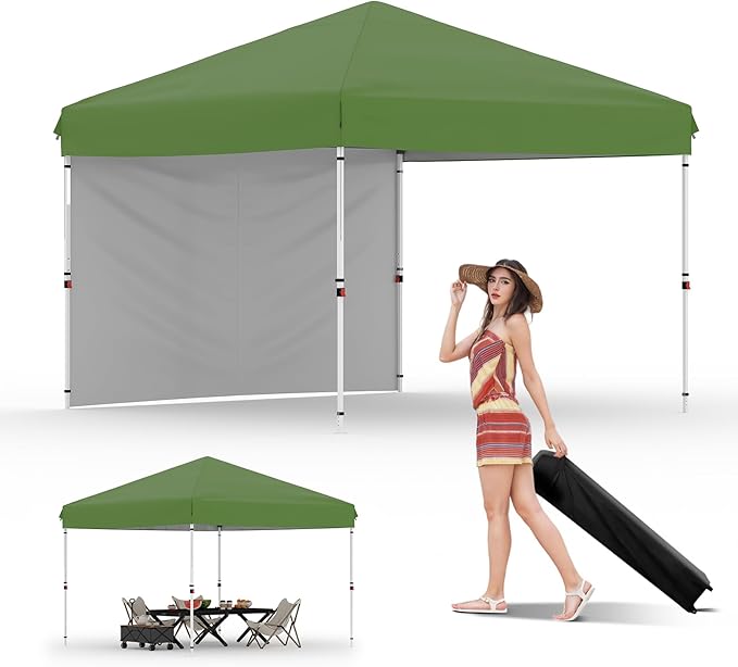 10x10 Instant Pop-Up Canopy with 1 Sidewall – Easy 1-Button Setup, Includes Roller Bag, 3 Height Settings & 4 Weight Bags – Perfect for Backyard, Beach, Sports & Parties,Green
