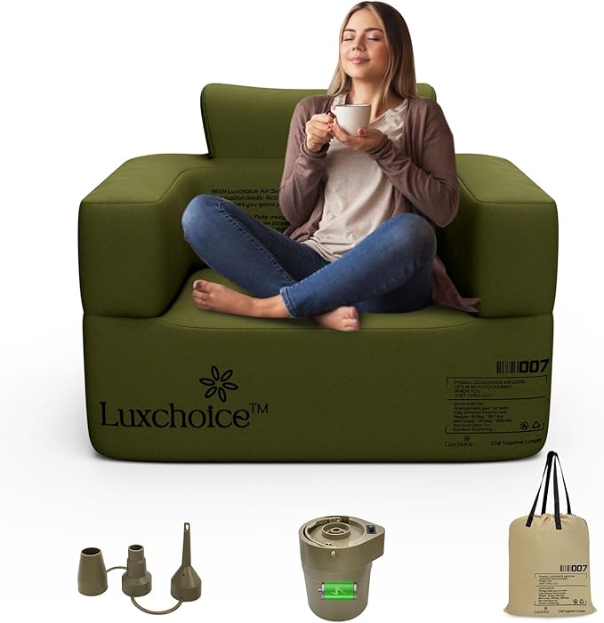 Inflatable Couch Premium Oxford Cloth Inflatable Sofa with Built-in Rechargeable Pump Portable Blow Up Couch for Camping Outdoor Travel Home Guests Backyard Patio | Durable Fabric, Easy Inflation, Waterproof, Puncture Resistant, Portable for Outdoor