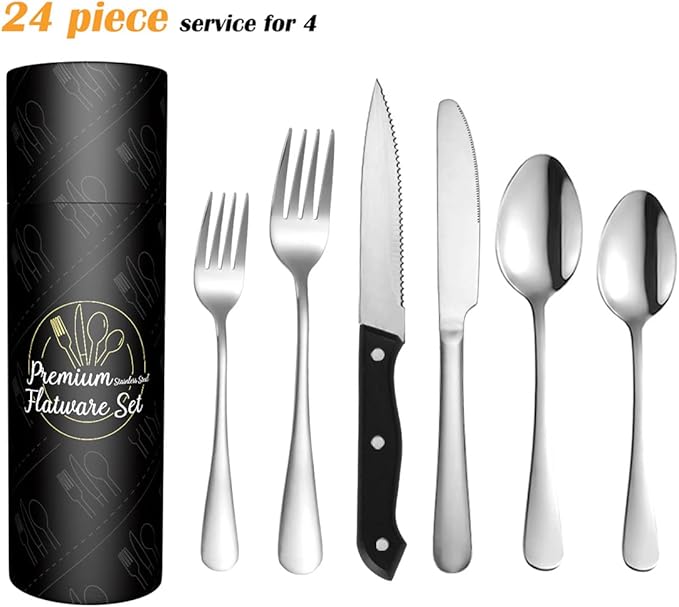 48 Piece Flatware Set for 8 Stainless Steel Cutlery Sets Delicate Camping Silverware Set for Kitchen Hotel Picnic Restaurant Include Knife Fork Spoon Steak Knife Dessert Fork Dessert Spoon