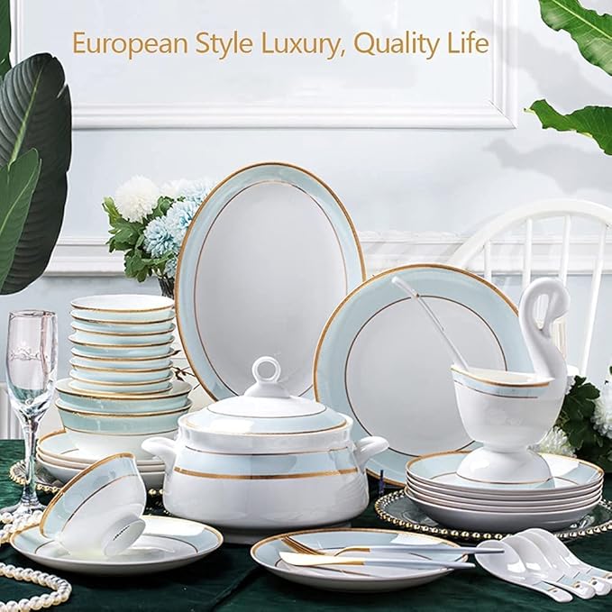 Ceramic Tableware Set Bone China Tableware Plates Ceramic Combination Tableware Set Porcelain Service for 10, Phnom Penh Tableware Set (56 Pieces)
