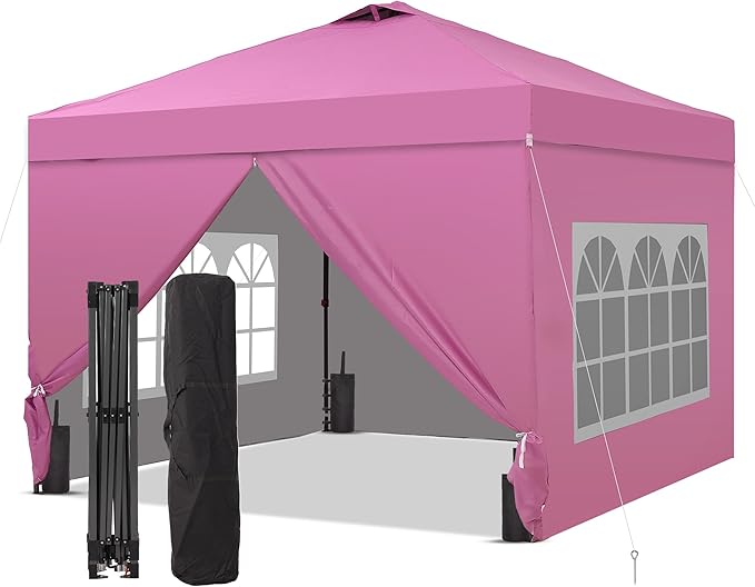 GDY 10x10 Pop Up Canopy Tent with 4 Sidewalls, Easy Set up with One Push Lift Outdoor Silver Coated Beach Gazebos, Carpas with 4 Sandbags, for Outdoor, Parties,Camping, Pink.