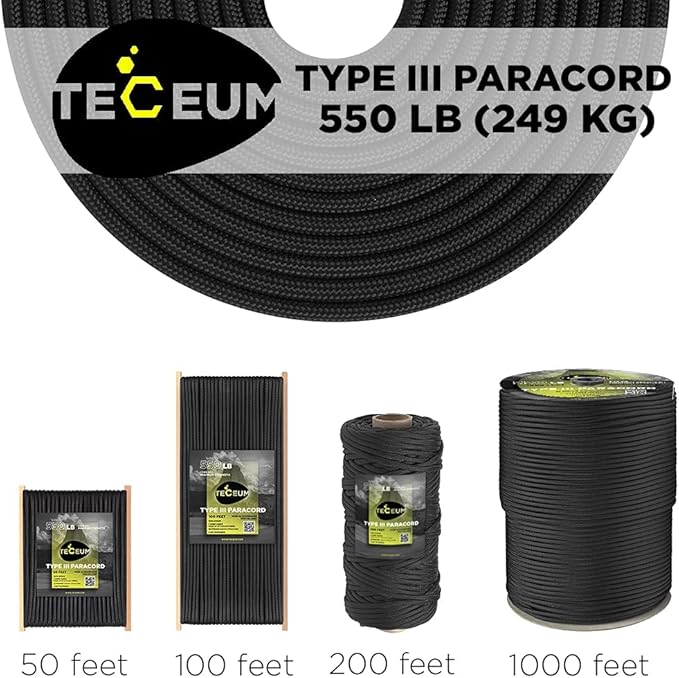 TECEUM 5/32" Paracord Rope 1000 – 1000ft / 200ft / 100ft / 50ft – Tactical Parachute Cord 4mm – 45+ Colors – Nylon String for Survival & Camping Gear – Stripe Cord for Survival – Utility Rope
