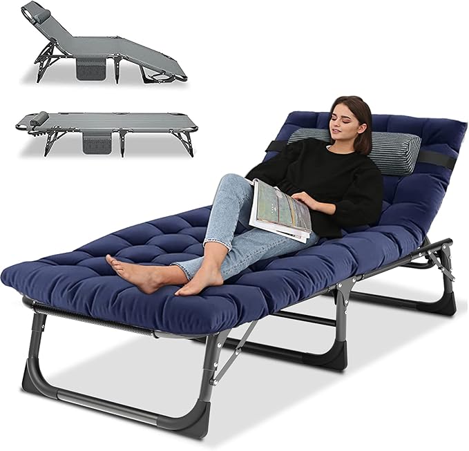 LILYPELLE Portable Folding Camping Cot, Adjustable 5-Position Adults Reclining Folding Chaise with Pillow, Outdoor Portable Folding Lounge Chair Sleeping Cots Bed for Camping, Pool, Beach, Patio