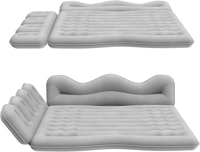 Car Air Mattress, Inflatable SUV Truck Camping Mattress for Back Seat, Thickened Travel Car Bed Sleeping Pad with 2 Round air-Filled Bolster,Air Pump and 2 Pillows (Grey)