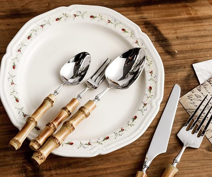 Bamboo Silverware Set for 10 , Natural Flatware Cutlery Set Tableware Utensil Set Knives Forks Spoons, Dinnerware Sets for Christmas Party Kitchen Wedding Gifts 50-piece