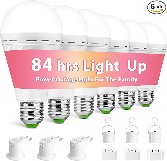 Emergency Rechargeable Light Bulbs, Battery Powered LED Light Bulb Daylight E26 12W 60W Equivalent with 1500mAh for Home Power Outage Camping Hiking(6 Bulbs,3 Plug Caps, 3 Hooks,3 socket adapter)