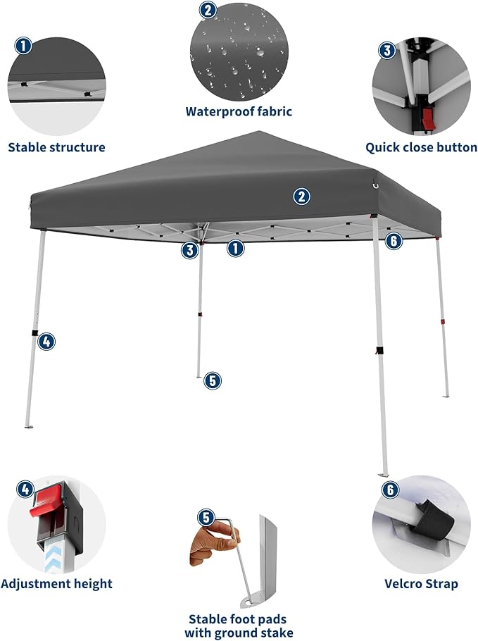 Canopy Tent, GarveeLife 10X10 FT Pop Up Canopy Outdoor Instant Tent Slant Legs with Carrying Bag, Portable Gazebo Shelter for Patio Deck Garden Beach - 8X8 FT Canopy Cover (Gray)