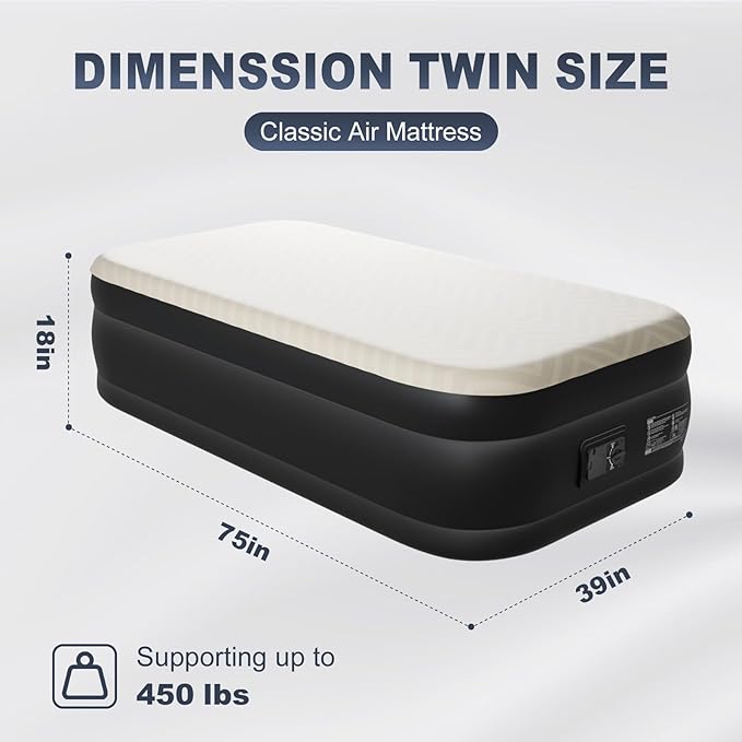 Outvita Twin Air Mattress with Built-in Pump, Foam Topper Inflatable Air Bed Quick Assembly Comfort Luxury Blow Up Sleeping Mat for Guests and Home, Camping, Travel, 650lbs Weight Capacity