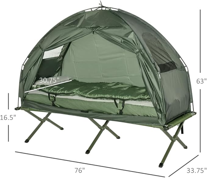 Camping Tent Cot, 4-in-1 Folding Tent Cot Combo with Mattress, Pillow, Sleeping Bag, Roller Carrying Bag, Off Ground Travel Camp Cot for Hiking, Backpacking, Picnic