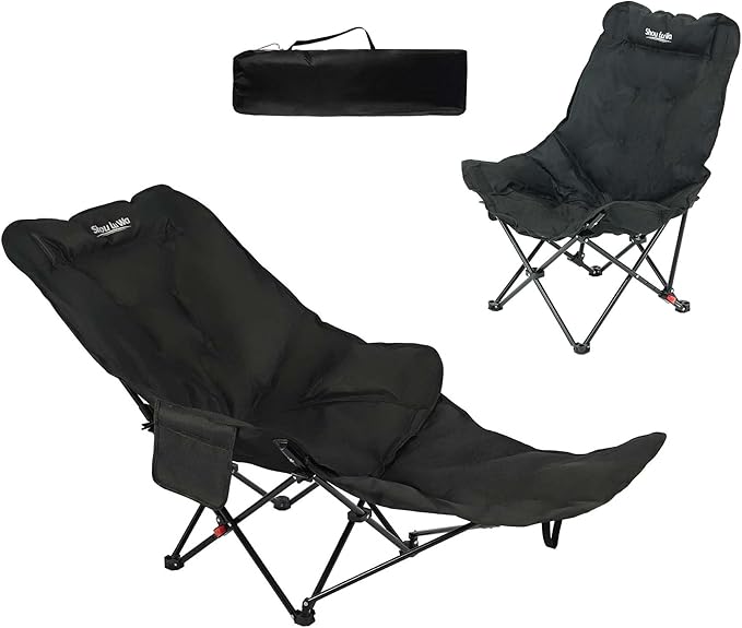 Dual Purpose Folding Camping Cot and Chair with Removable Footrest for Adults, Easy-to-Assemble Adjustable Sleeping Chair with Carry Bag for Fishing, Hiking, Travel, Home (Black)