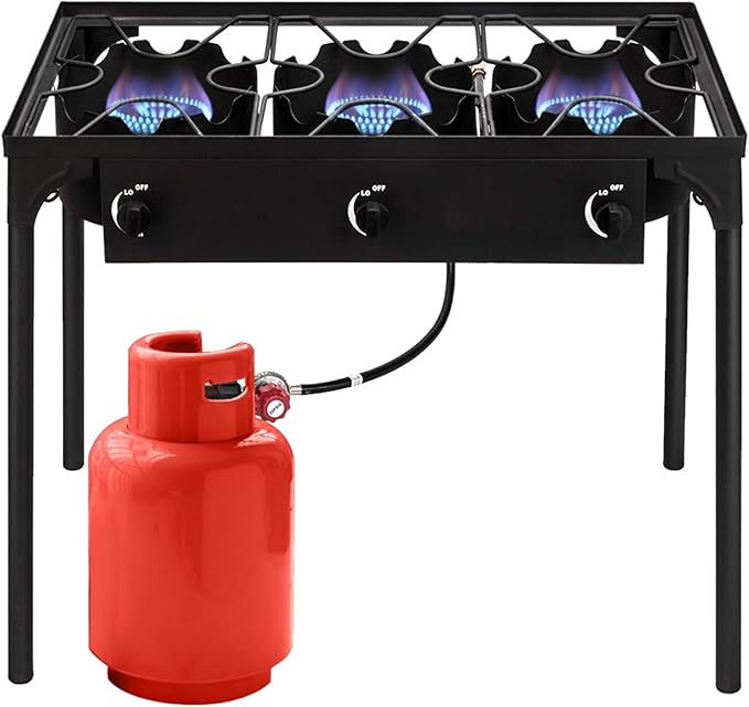 3 Burner Propane Gas Stove for Outdoor Cooking, Heavy Duty High Pressure Propane Gas Cooker Portable Iron Cast Patio Burner with Detachable Stand Legs, Regulator, Camping Cooker (225000-BTU)