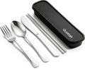 Travel Utensils with Case, Quatish 5 Piece Stainless Steel Silverware Set for Work, Portable Reusable Travel Cutlery Set, Fork and Spoon Set for Picnic, Camping, Gadgets, Lunch Box for Men, Silver