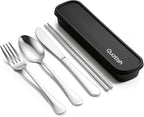 Travel Utensils with Case, Quatish 5 Piece Stainless Steel Silverware Set for Work, Portable Reusable Travel Cutlery Set, Fork and Spoon Set for Picnic, Camping, Gadgets, Lunch Box for Men, Silver