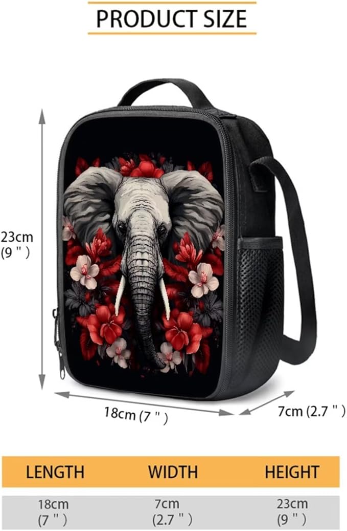 3 Pcs Elephant Red White Plumeria Flowers Print Travel Backpack for Women, Black Bookbag Waterproof School Bag Insulated Lunch Box Aesthetic Cosmetic Makeup Bag Stationery Pouch Bag