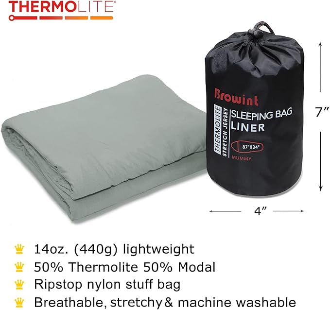 BROWINT Thermolite Sleeping Bag Liner with Zippers for Cold Weather, Lightweight Mummy with Hood & Rectangular Sleep Sack for Adult, Adds Warmth, Thermal Travel Liner, All Season