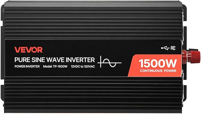 VEVOR 1500W Power Inverter, 12V DC to 120V AC Pure Sine Wave Inverter, Car Charger Converter with Remote Control, USB & Type-C Ports, 4 AC Outlets, Fast-Charging for RV, Truck Outdoor Camping