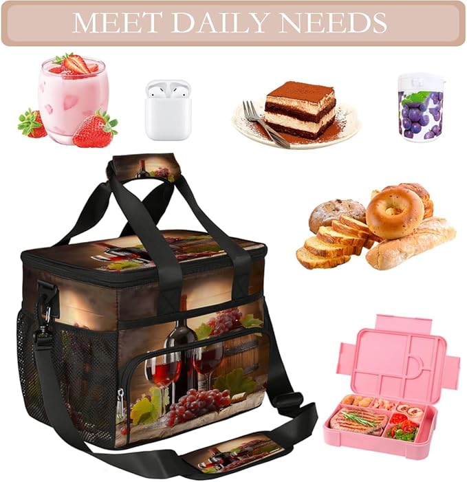 Grapes Wine Soft Cooler Bag Insulated Lunch Box for Men & Women, Large Leakproof Lunch Bag Portable Beach Cooler for Work, Picnic, Road Trips,Fishing, Travel, Camping,A-7