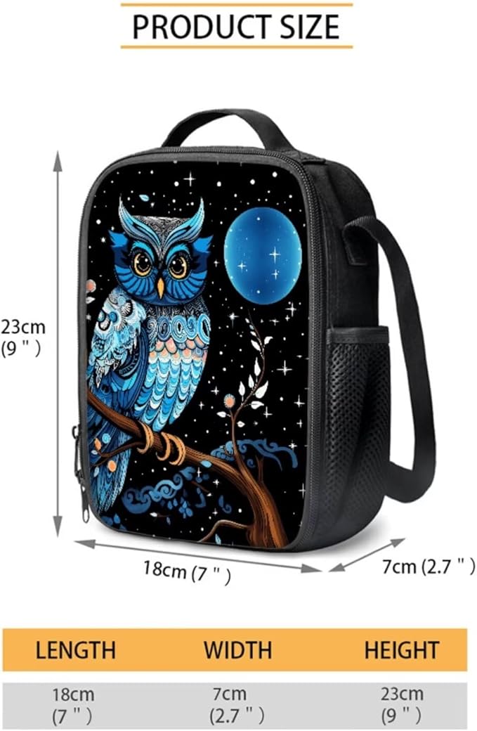 3 Set of Blue Owl and Moon Printing Book Bag, Matching Portable Lunch Box and Large Capacity Pencil Case, 17 inch School Backpack with Sturdy Handle Double Zipper