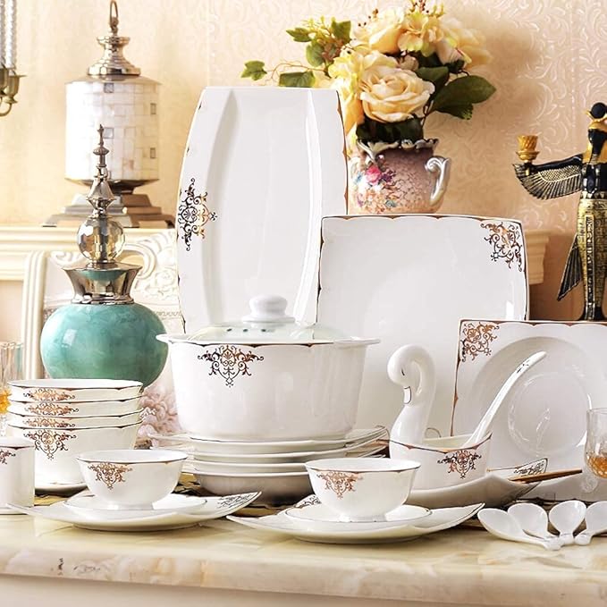 Ceramic Tableware Set with 50 Pieces, Bowl/Soup Pot/Spoon | Bone China Tableware Set, European Porcelain Combination Set