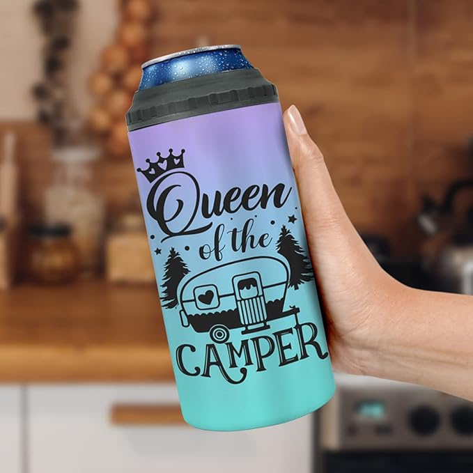winorax Queen of The Camper Tumbler Can Cooler 4-in-1 Camping Gifts For Campers Woman from Husband Boyfriend Sisters Best Friend Coffee Cup with Lid 12oz Stainless Travel Mug