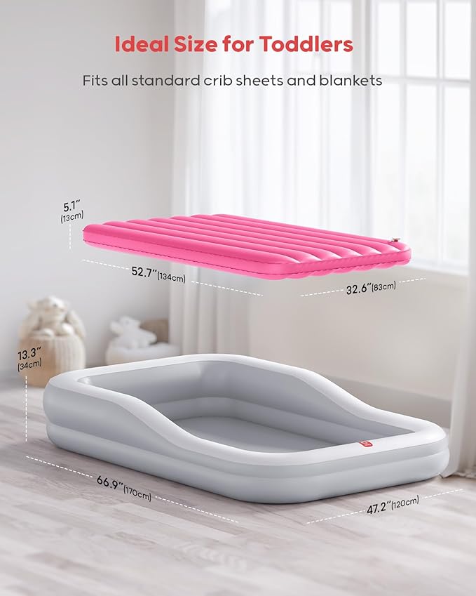 QPAU Inflatable Toddler Travel Bed with Tent, Portable Kids Air Mattress with Safety Sides, Ideal for Home, Grandma's, Camping, Traveling -Includes Fast Electric Pump