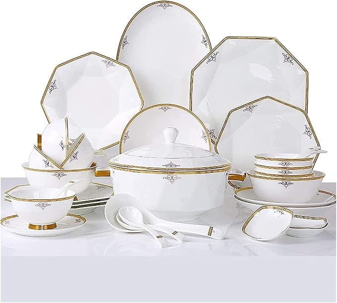 Dinnerware Set Dinner Party Tableware Service Set Ceramics Dinnerware Set with 56 Pieces, Bowl/Dish/Soup Pot/Spoon|Bone China Dinner Sets, Octagonal Fold Design Porcelain Combinati