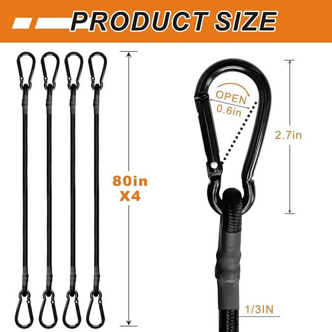 80in 4 Pcs Bungee Cords with Carabiner Hooks Heavy Duty, Outdoor Black Bungee Straps, Strong Industrial Grade Elastic Bungee Rope for Securing Tarps, Luggage, Tents，Bikes or Garden Tidying