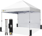 CROWN SHADES 8x8 Pop Up Canopy with 1 Side Wall - Beach Tent with One Push Setup - Outdoor Sun Shade for Events, Parties, Camping - Gazebo with STO-N-Go Cover Bag (White)