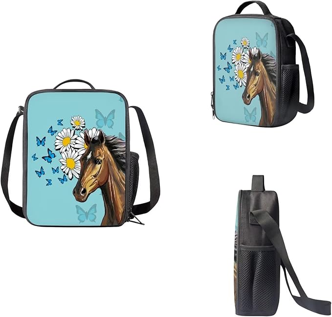 Daisy Butterfly and Horse Patterns 3 Pieces Book Bag Set with Large Capacity Pencil Case Lunch Bag, Study Supplies for Boys Lightweight Stylish Cool School Bag Gift