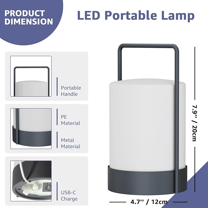 FUYO Outdoor Table Lamp Lantern Shower Lamp Cordless LED Portable with Warm White RGB Colour IP44 Rainproof, with Handle, PE & Metal for Balcony Patio Garden Camping Bathroom