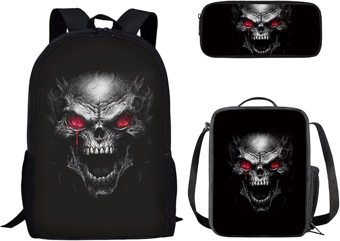 3PCS Skull Print Blue School Bag, 17 Inch Laptop Bookbag Daypack Knapsack Rucksack Lunch Bags Pen Case for College Student