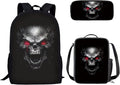3PCS Skull Print Blue School Bag, 17 Inch Laptop Bookbag Daypack Knapsack Rucksack Lunch Bags Pen Case for College Student